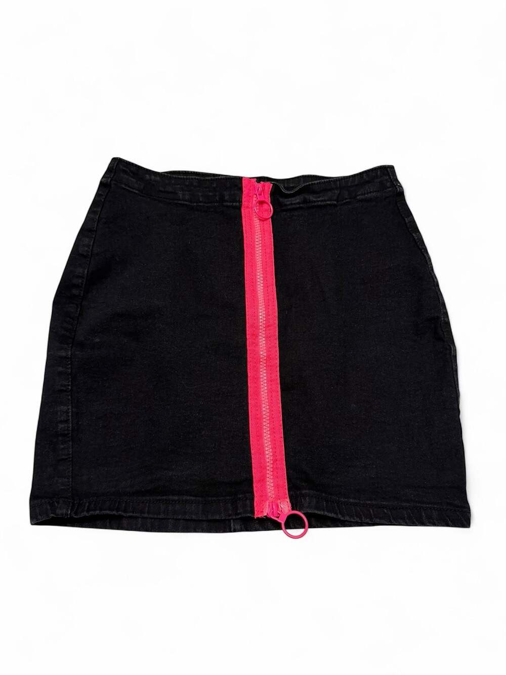 American Bazi Los Angeles Black Denim Mini Skirt with Neon Pink Full Front Zip